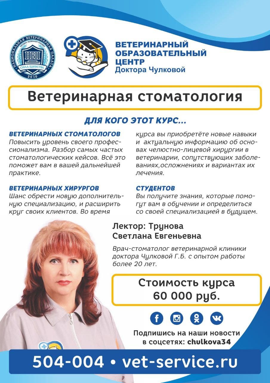 Приглашаем Вас на Курс "Ветеринарная стоматология" в ветериный образовательный центр Доктора Чулковой.